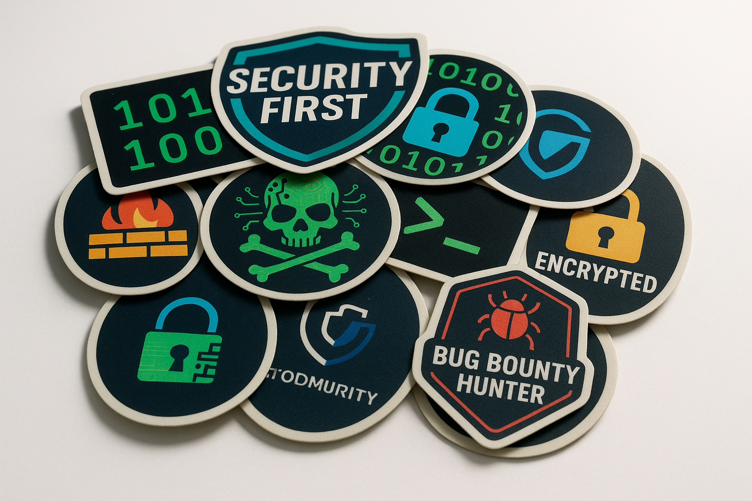 a stack of laptop stickers based on cybersecurity themes